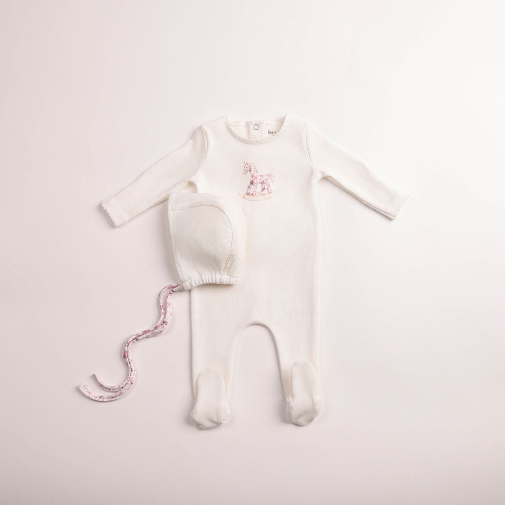 Bee & Dee Girls Rocking Horse Footie And Bonnet - Chalk White