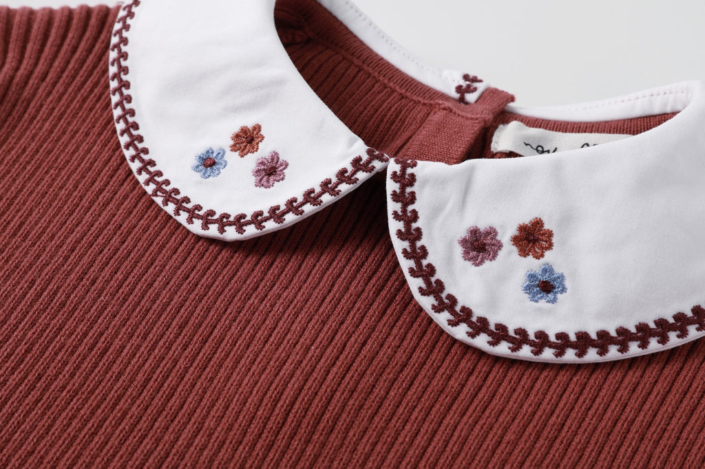 NouNelle Rust Collar Sweater And Houndstooth Pink Skirt