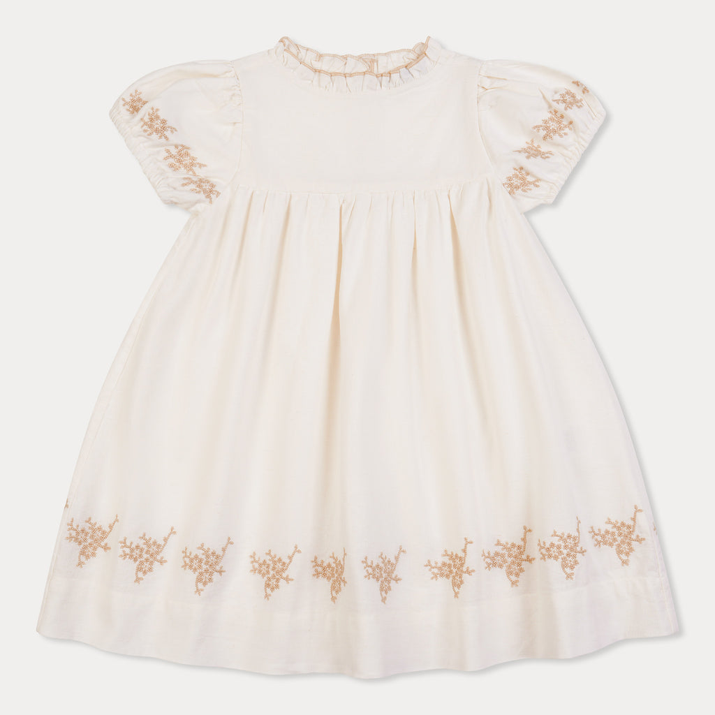Orange Dimanche Off-White Linen Dress With Embroidery