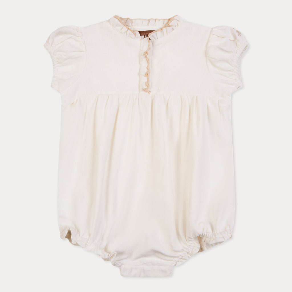 Orange Dimanche Off-White Linen Romper With Embroidery