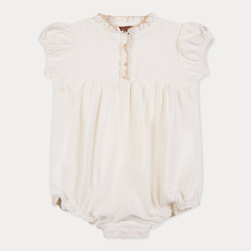 Orange Dimanche Off-White Linen Romper With Embroidery