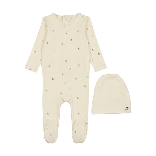 Lilette Scattered Cherry Footie & Beanie - Ivory/Mint