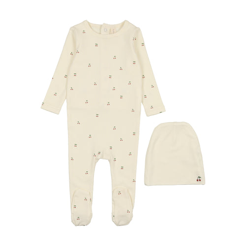 Lilette Scattered Cherry Footie & Beanie - Ivory/Red