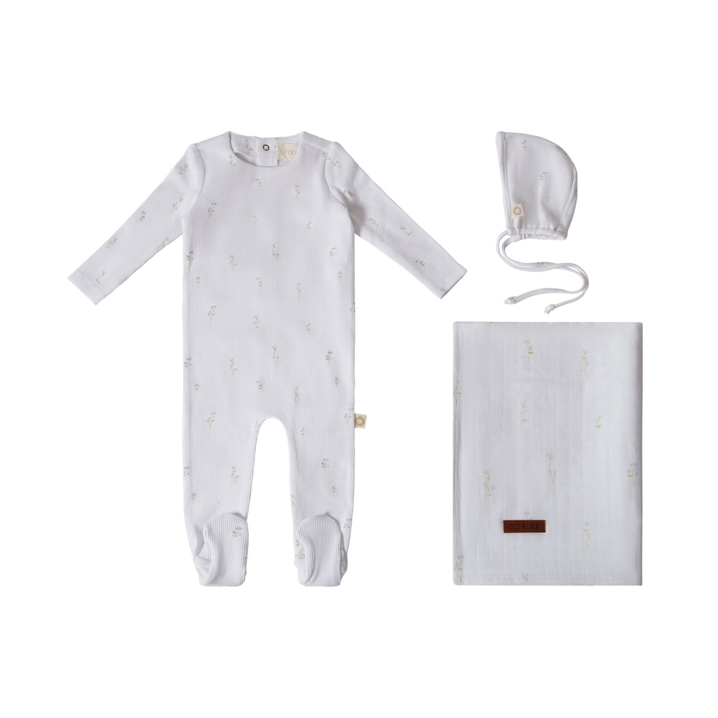 Citrine Stem Flower Layette Set - Blue/White