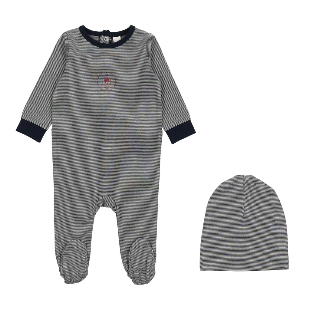 Lil Legs Striped Lounge Footie And Beanie - Navy