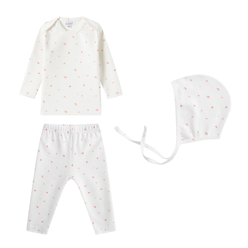 Oubon Girls Rose Pink Floral Two Piece Set And Bonnet