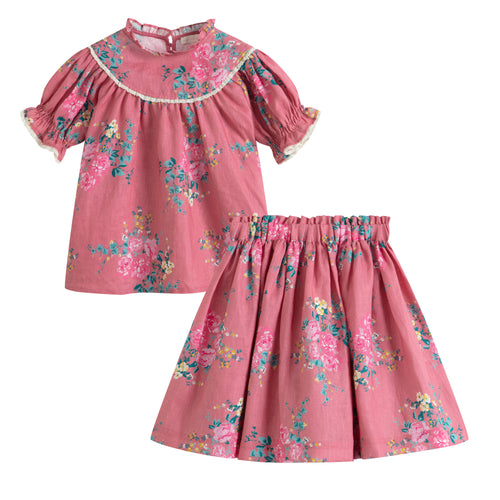 Cera Una Volta Kaya Shirt And Skirt Set - Pink Flowers