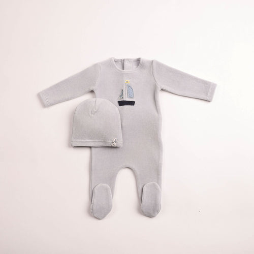 Bee & Dee Sail Away Velour Footie And Beanie - Crisp Blue