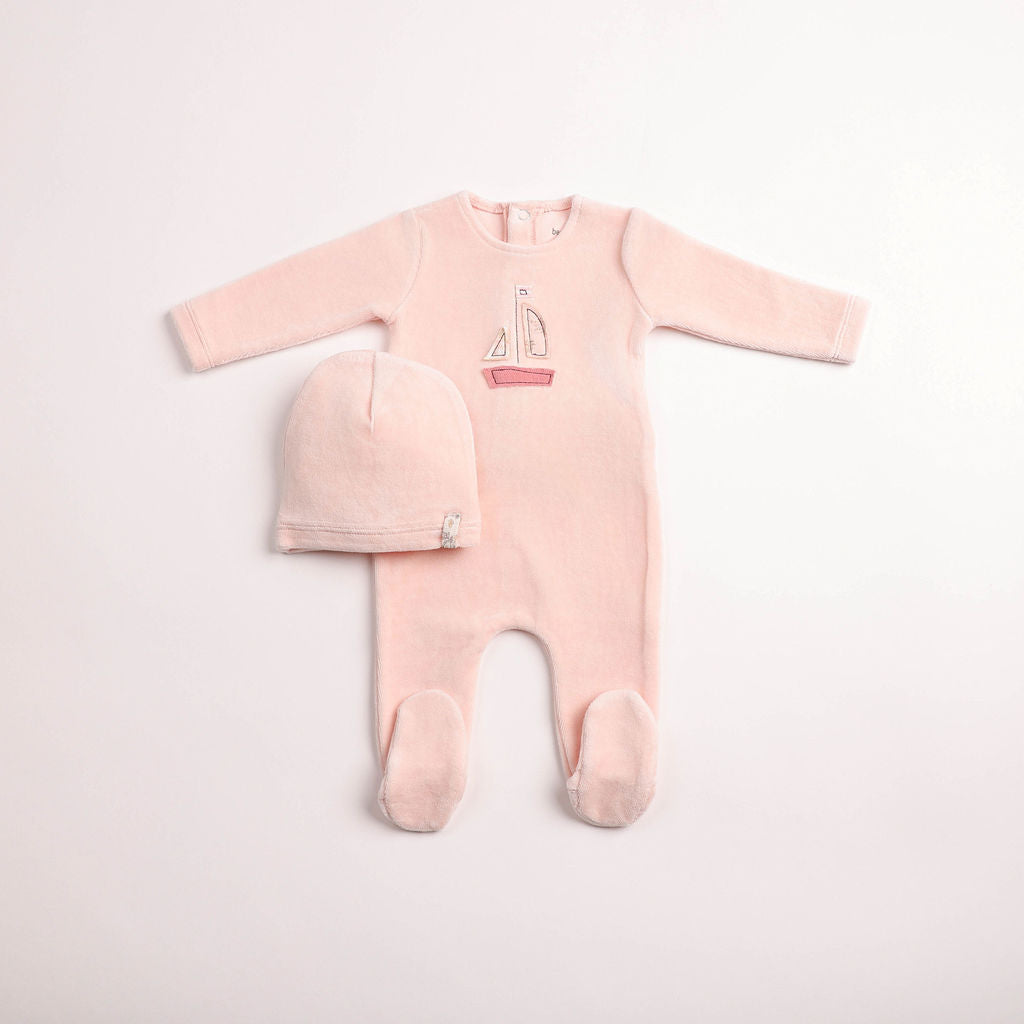 Bee & Dee Sail Away Velour Footie And Beanie - Dusty Pink