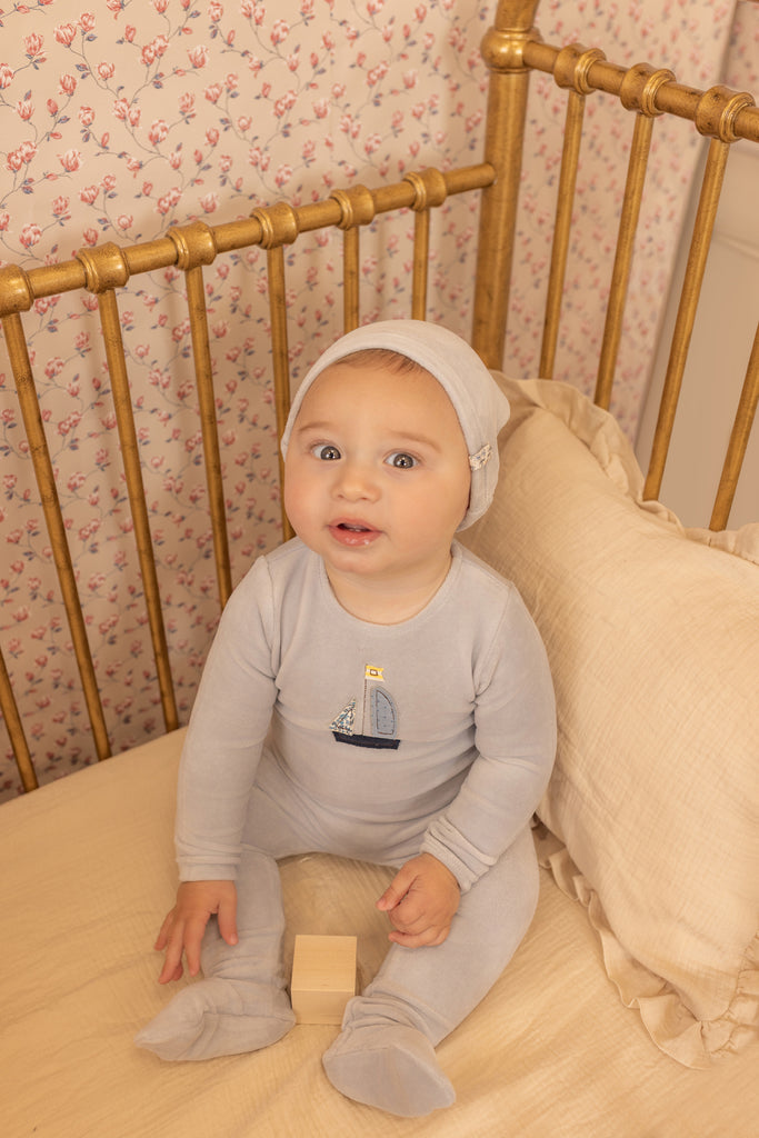 Bee & Dee Sail Away Velour Footie And Beanie - Crisp Blue