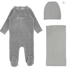 Load image into Gallery viewer, Lilette Velour Bonjour 3PC Layette Set - Hethered Blue