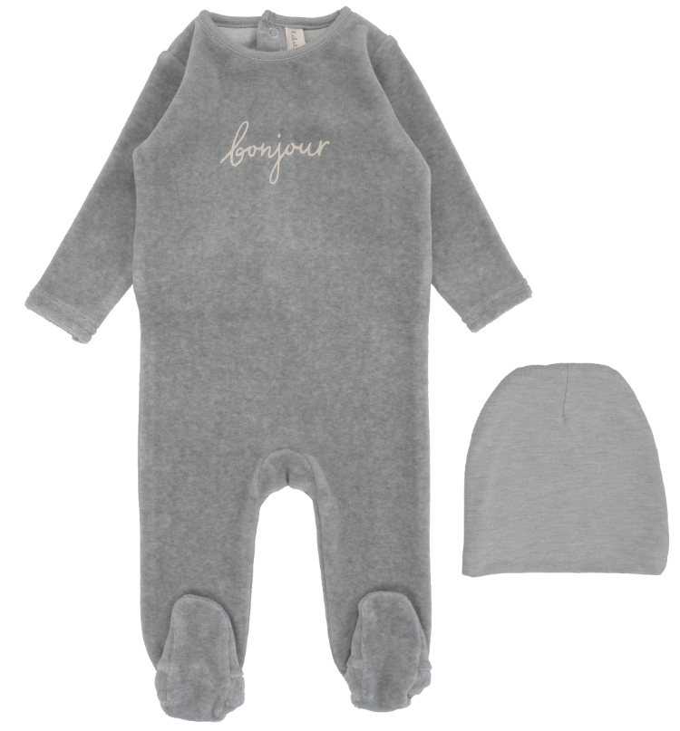 Lilette Velour Bonjour Footie & Beanie Set - Hethered Blue