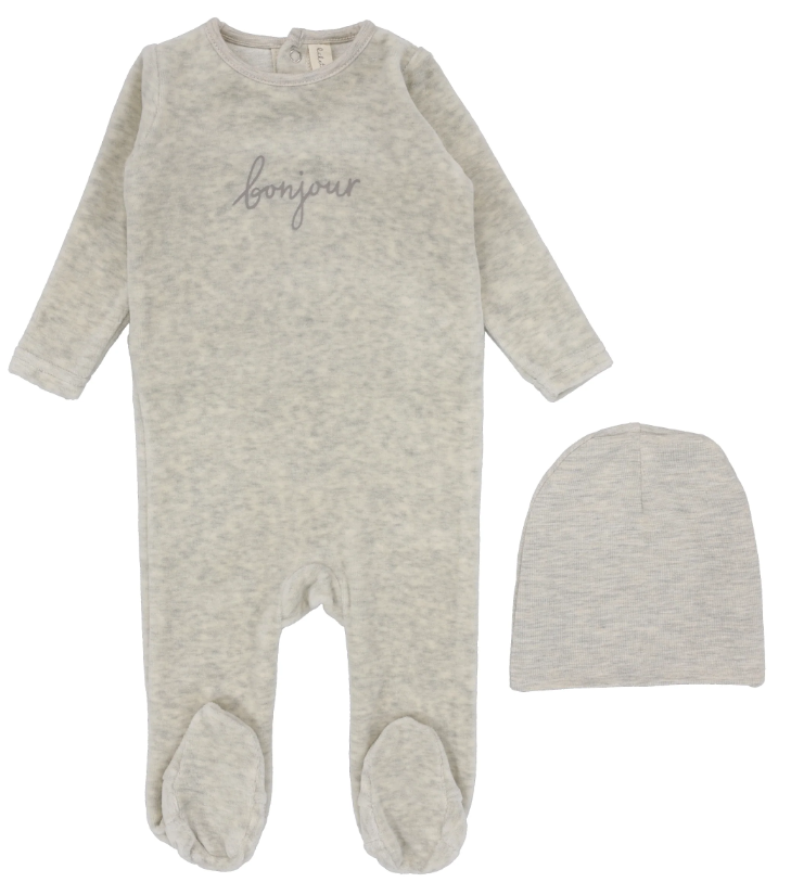 Lilette Velour Bonjour Footie & Beanie Set - Hethered Oatmeal