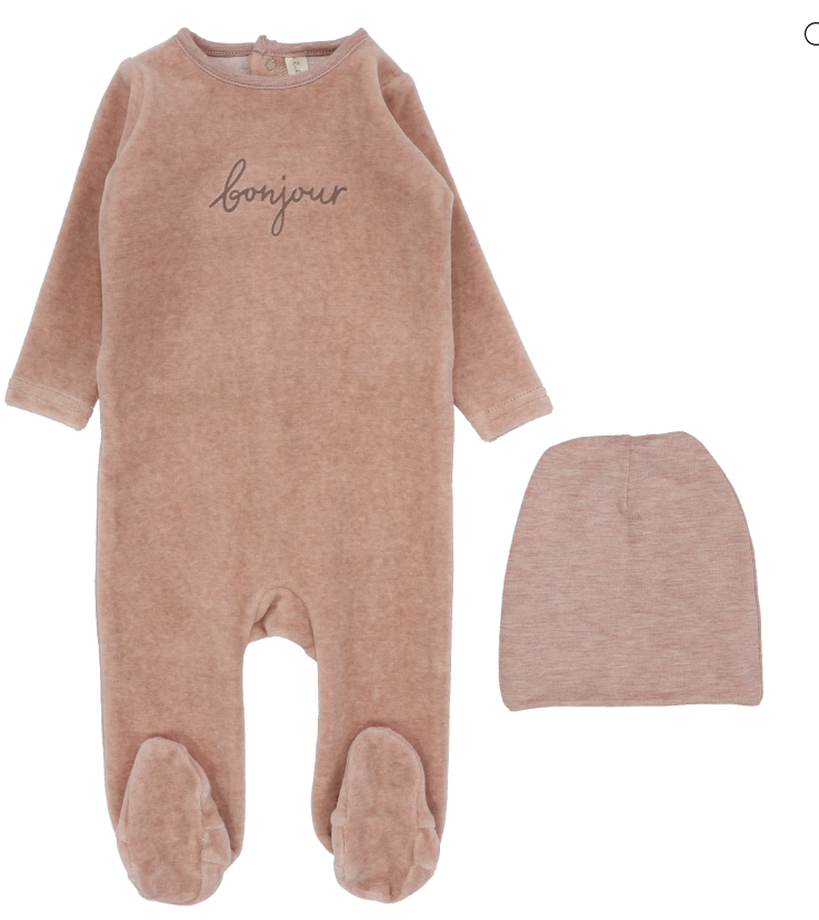 Lilette Velour Bonjour Footie & Beanie Set - Hethered Pink