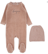 Load image into Gallery viewer, Lilette Velour Bonjour Footie &amp; Beanie Set - Hethered Pink