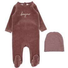 Load image into Gallery viewer, Lilette Velour Bonjour Footie &amp; Beanie Set - Hethered Mulberry