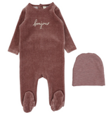 Lilette Velour Bonjour Footie & Beanie Set - Hethered Mulberry