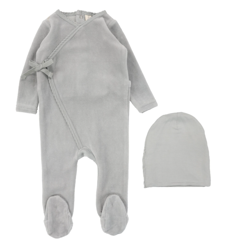 Lilette Velour Wrap Footie & Beanie Set - Dusty Blue