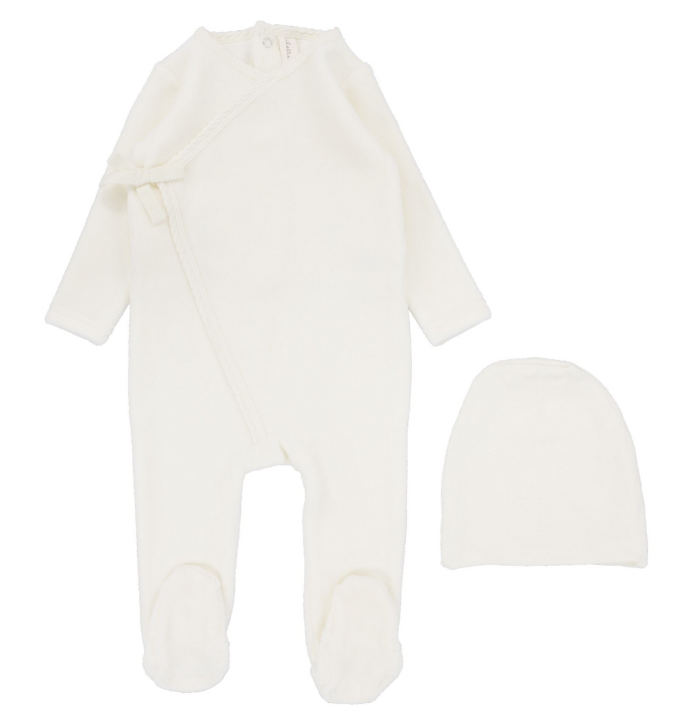 Lilette Velour Wrap Footie & Beanie Set - Cream