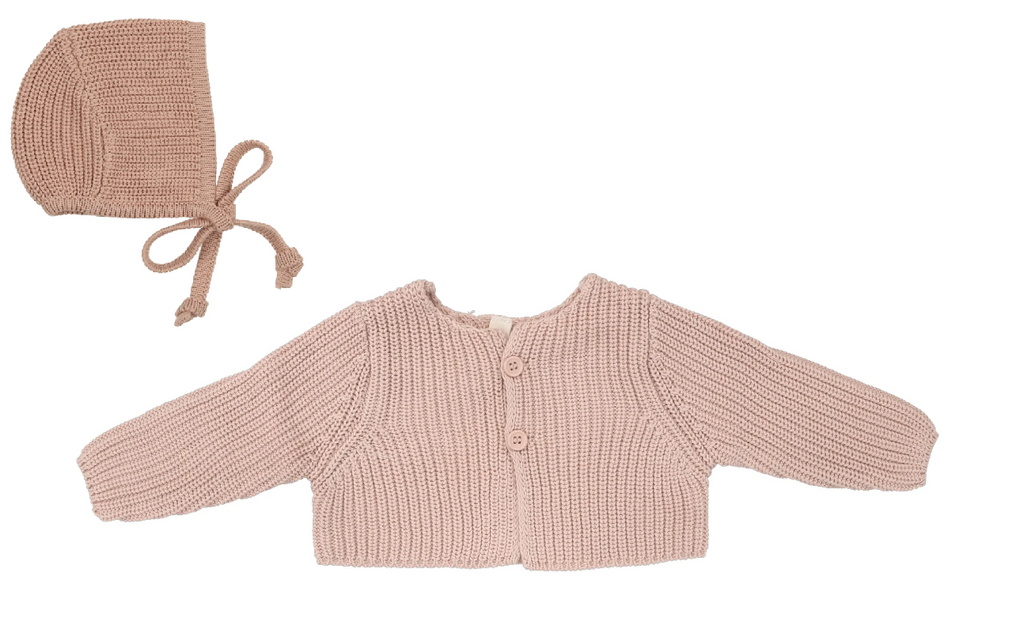 Lilette Chunky Knit Shrug and Bonnet - Powder Pink