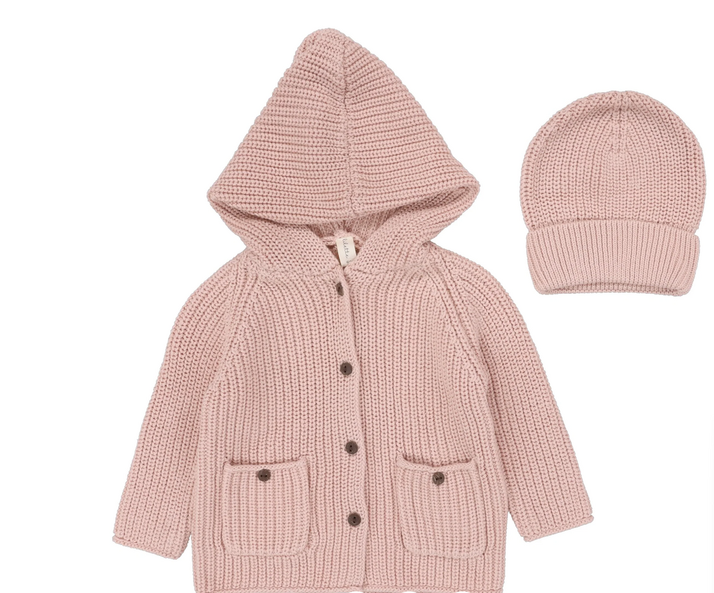 Lilette Chunky Knit Jacket and Beanie - Dusty Pink