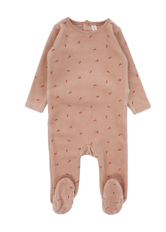 Lilette Velour Scattered Cherry Footie - Light Pink