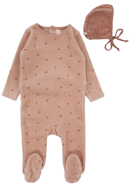 Lilette Velour Scattered Cherry Footie & Beanie Set - Apricot