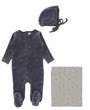 Load image into Gallery viewer, Lilette Velour Scattered Cherry 3PC Layette Set - Slate