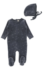 Load image into Gallery viewer, Lilette Velour Scattered Cherry Footie &amp; Beanie Set - Slate