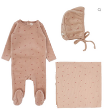 Load image into Gallery viewer, Lilette Velour Scattered Cherry 3PC Layette Set - Pink