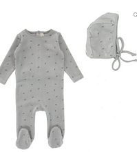 Load image into Gallery viewer, Lilette Velour Scattered Cherry Footie &amp; Beanie Set - Light Blue