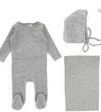 Load image into Gallery viewer, Lilette Velour Scattered Cherry 3PC Layette Set - Light Blue