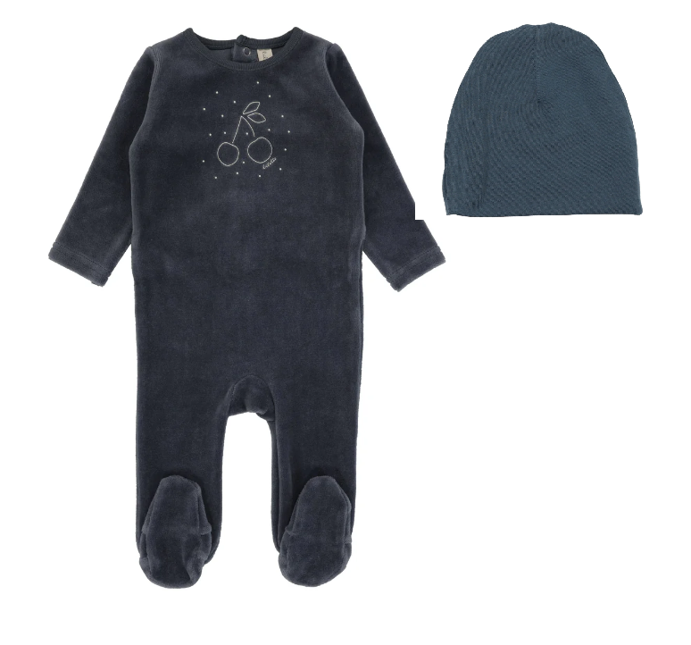 Lilette Cherry Graphic Footie & Beanie Set - Slate