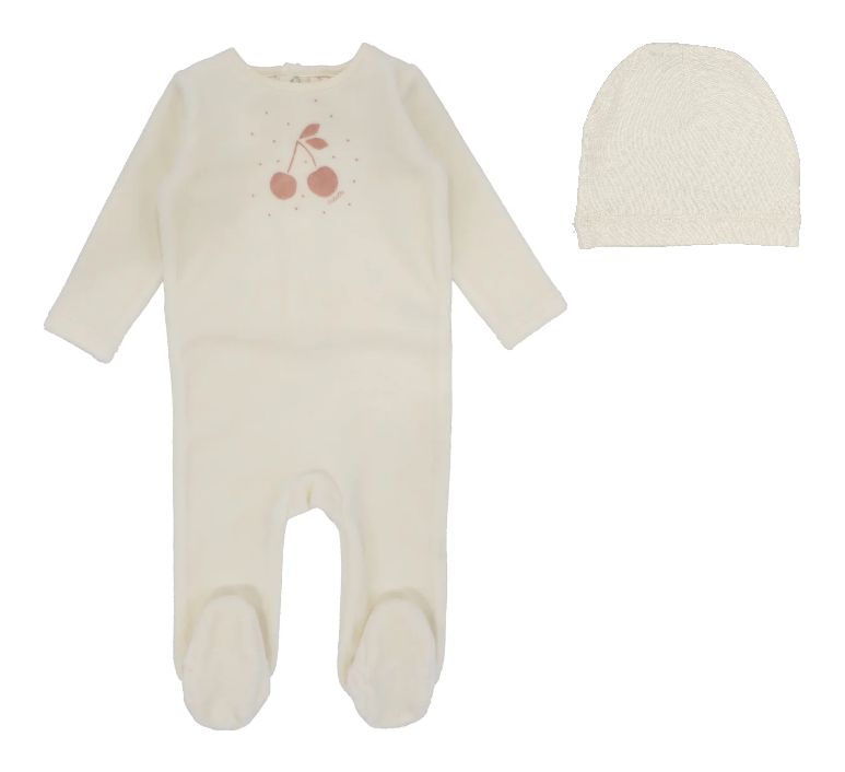 Lilette Cherry Graphic Footie & Beanie Set - Ivory/Apricot