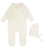 Lilette Velour Collar Footie & Beanie Set - Cream