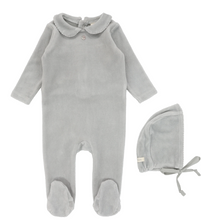 Load image into Gallery viewer, Lilette Velour Collar Footie &amp; Beanie Set - Dusty Blue