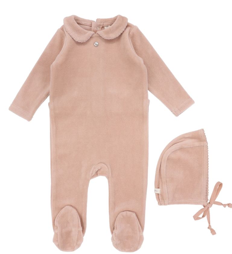 Lilette Velour Collar Footie & Beanie Set - Dusty Pink