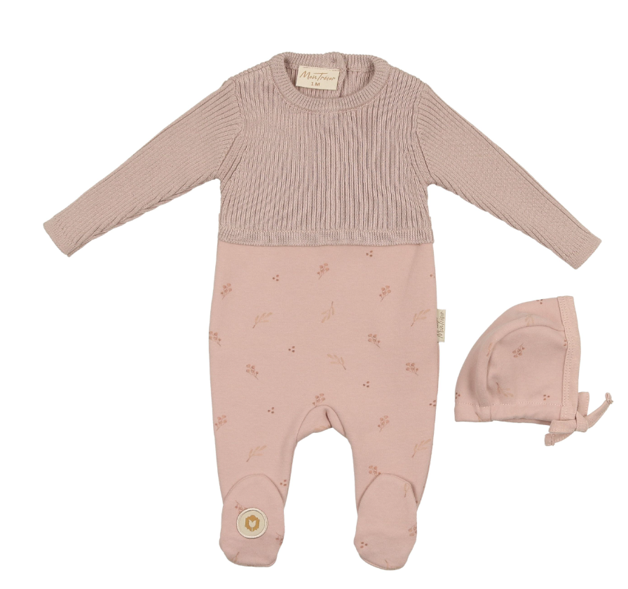 Mon Tresor Knit & Print Footie & Beanie Set -Rose