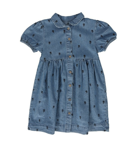 Lil Legs Floral Print Dress Short Sleeve -Denim