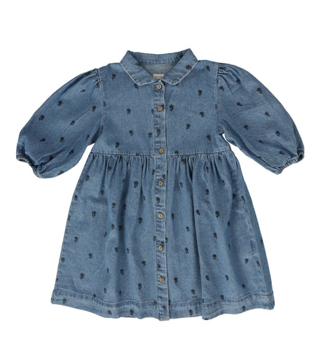 Lil Legs Floral Print Dress Three Quarter Sleeve -Denim