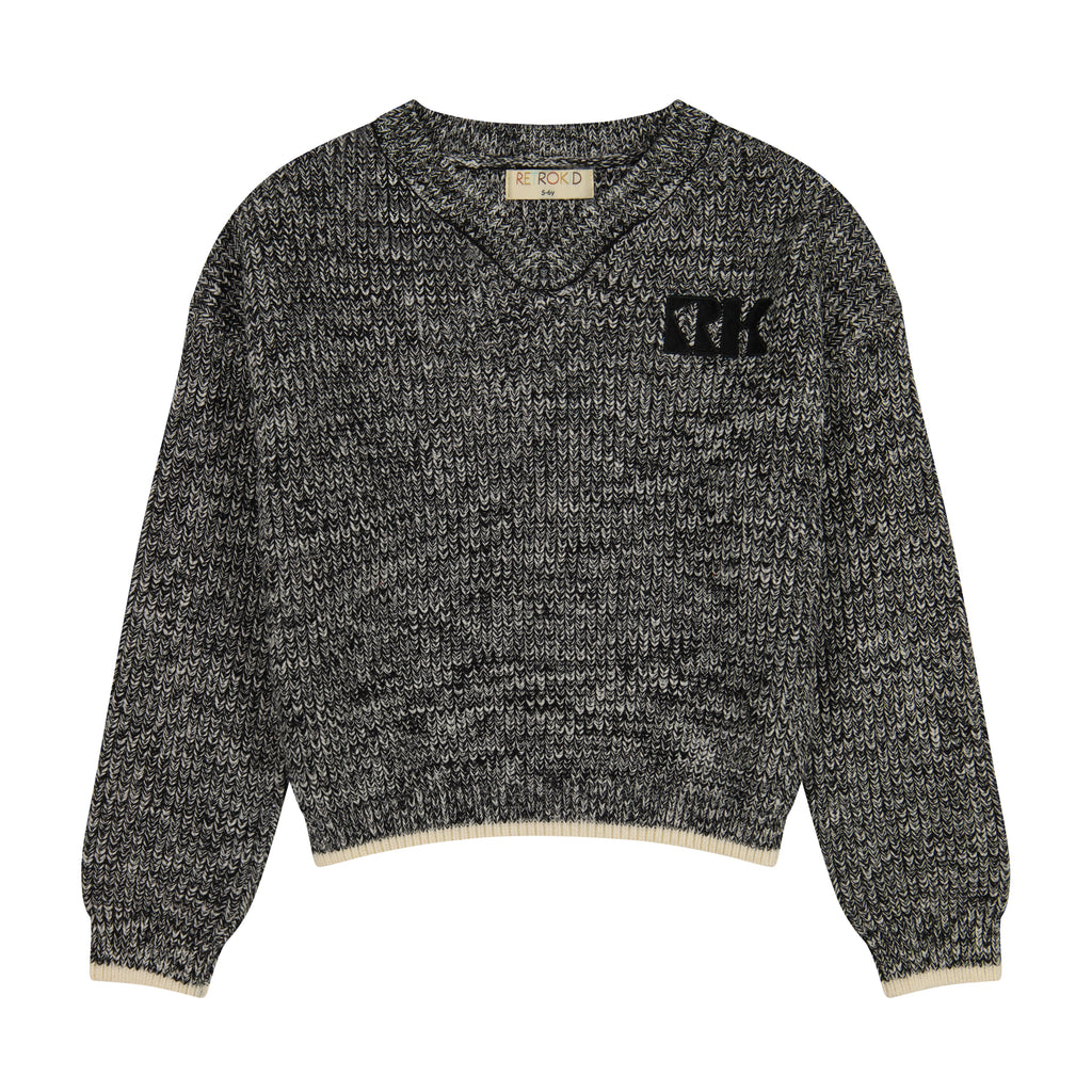 Retro Kid Silas Knit Vneck Sweater - Black/Cream