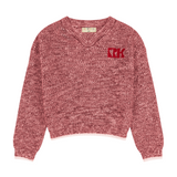 Retro Kid Silas Knit Vneck Sweater - Raspberry/Cream