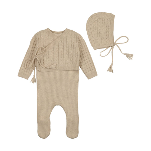 Bee & Dee Soft Cable Knit Layette Outfit And Bonnet - Oat