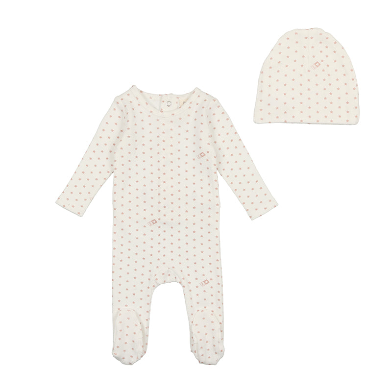 Lil Legs Ribbed Star Footie with Beanie- White/Pink