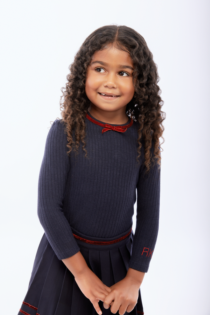 Retro Kid Stella Girls Ribbed Knit Sweater - Navy/Deep Crimson