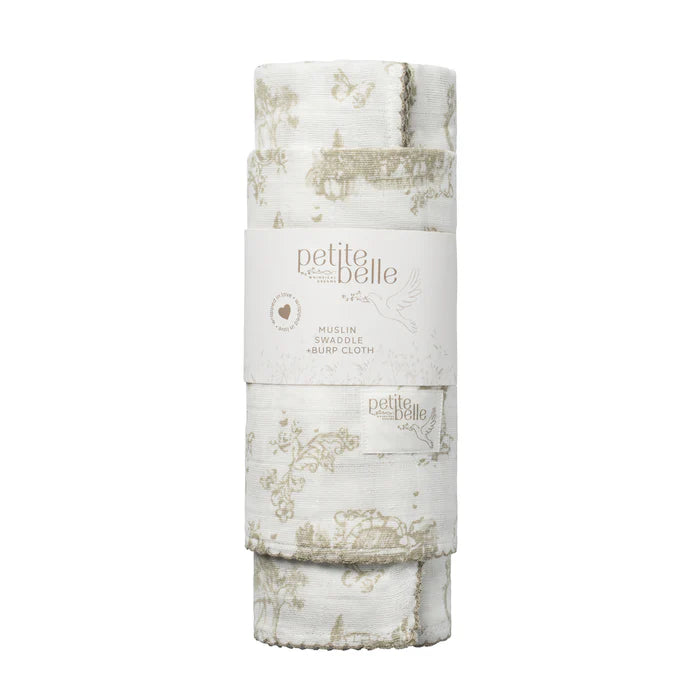 Petite Belle Taupe Safra Toile Swaddle & Burp Cloth Set