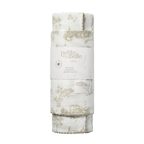 Petite Belle Taupe Safra Toile Swaddle & Burp Cloth Set
