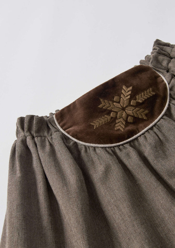 Popelin Brown Velvet Vest And Midi Skirt With Tucks And Embroidered Yoke (104.2 / 106.2)
