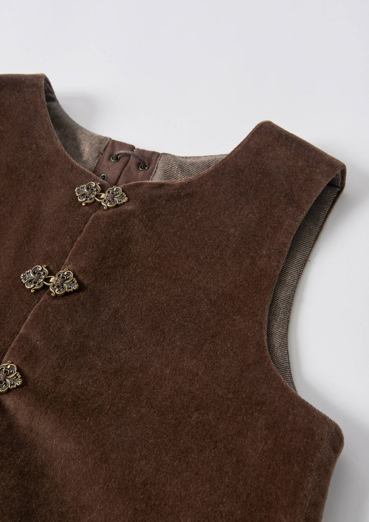Popelin Brown Velvet Vest And Midi Skirt With Tucks And Embroidered Yoke (104.2 / 106.2)