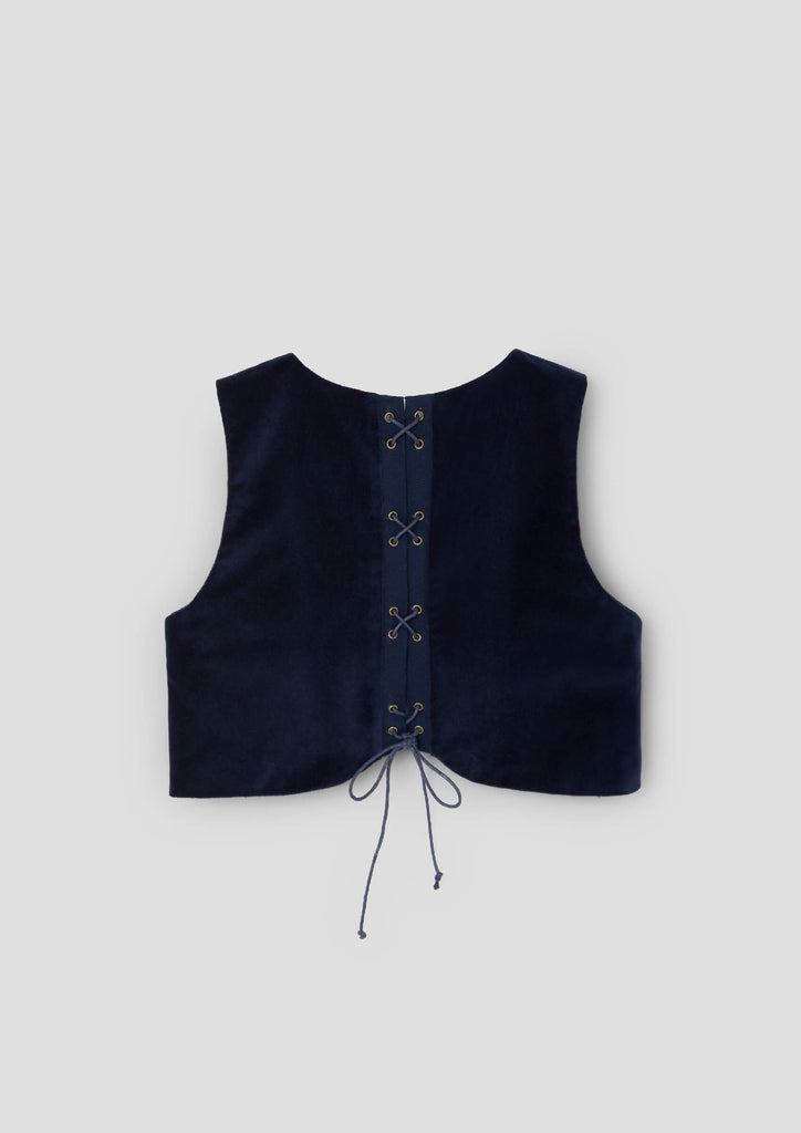 Popelin Navy Blue Velvet Vest And Midi Skirt With Tucks And Embroidered Yoke (104.3 / 106.3)